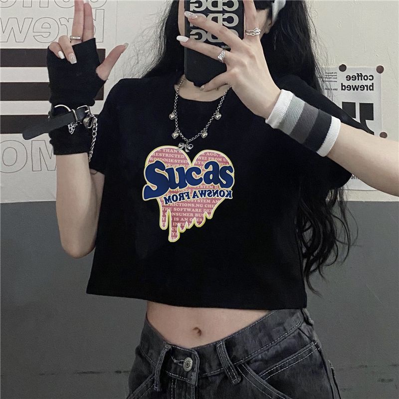 Áo Thun Crop Top Tay Ngắn Cổ Tròn In Họa Tiết Retro Thời Trang Mùa Hè Dành Cho Nữ