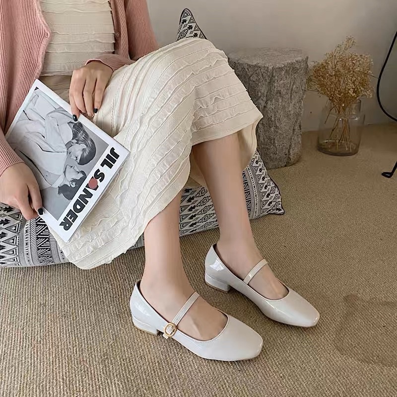 Giày búp bê Mary Jane cho nữ da trơn đế thấp 2cm có quai cài