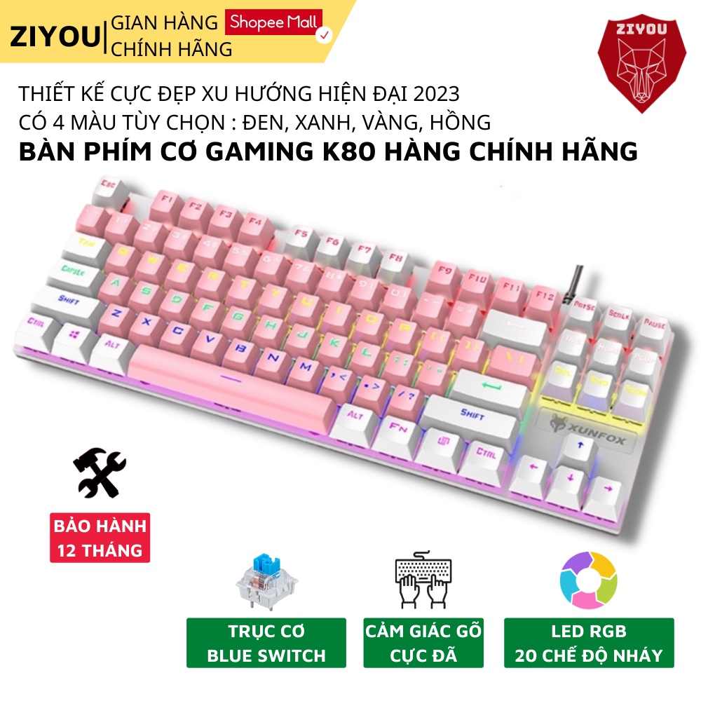 Bàn Phím Cơ Gaming ZIYOU Cao Cấp K80 Blue Switch Tích Hợp 20 Chế Độ LED Nháy Cực Đẹp, 4 Màu Sắc Tùy Chọn