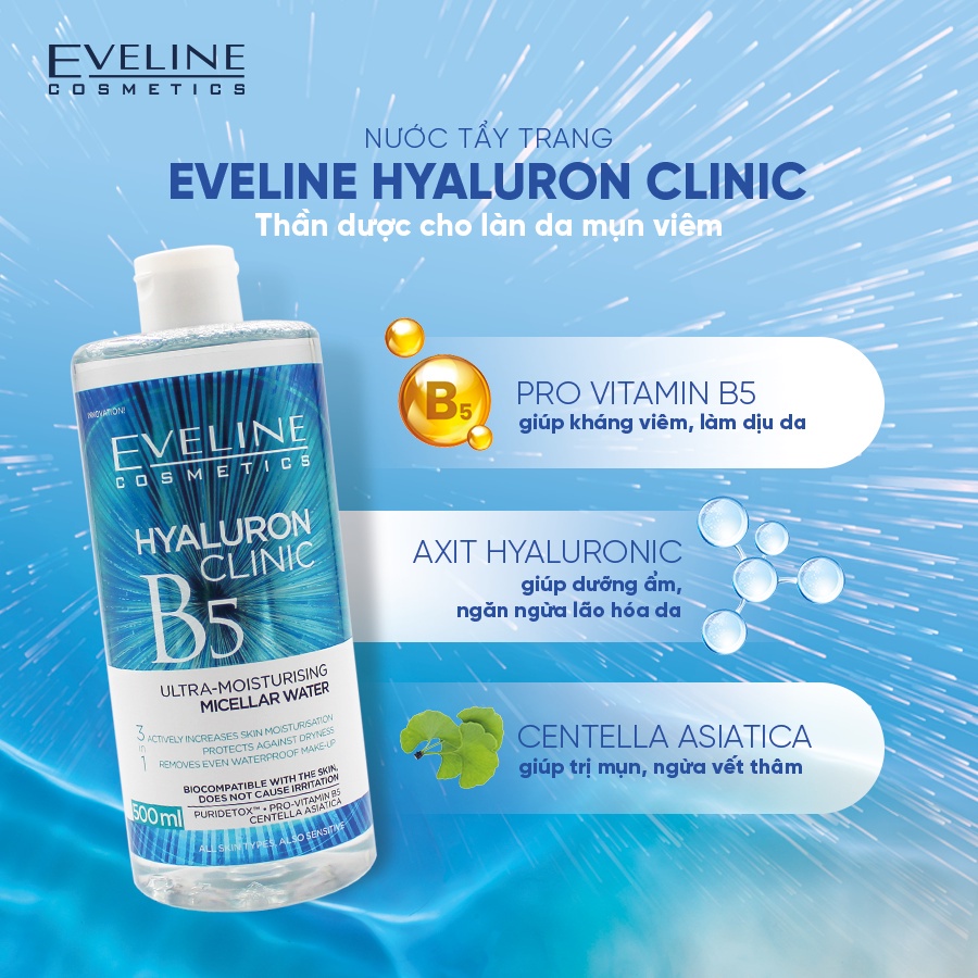 Nước Tẩy Trang Eveline Hyaluron Clinic B5 Ultra Moisturising Micellar Water Dưỡng Ẩm Cho Da 500ml