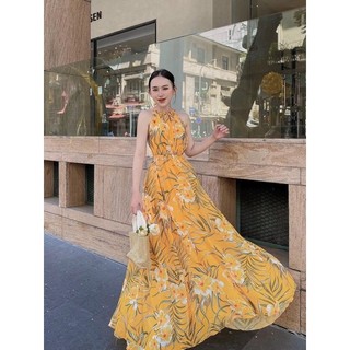gv76- đầm maxi hoa vàng hở lưng
