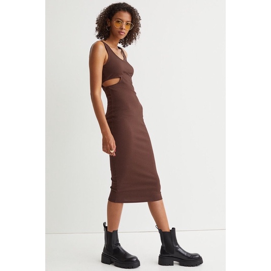 H&M Đức - Đầm body dáng dài hai dây khoét eo sexy màu nâu đậm sale auth new tag cao cấp chính hãng 0983519003