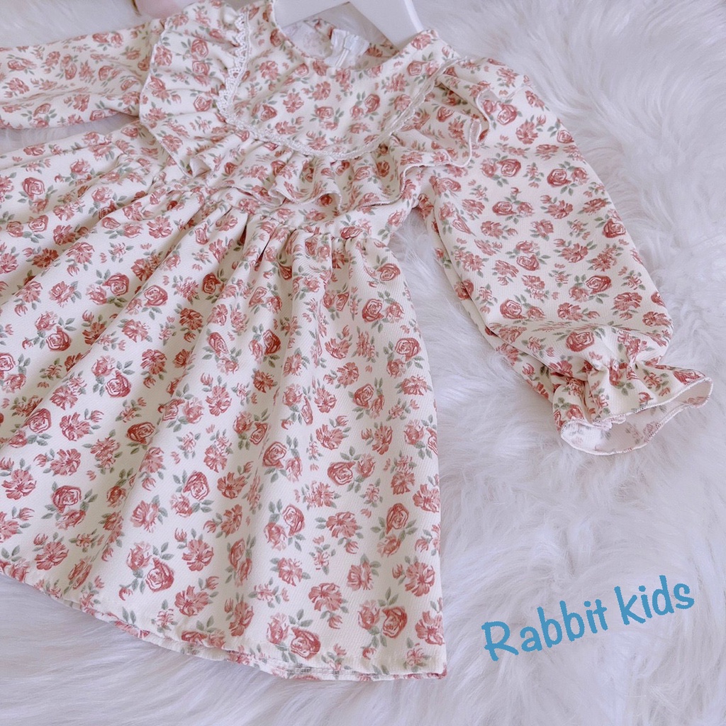 Váy Tết Cho Bé Gái Mùa Đông 7-32kg💝FREESHIP💝 Rabbit Kids- Đầm Dài Tay Trẻ Em Chất Nhung Nâu Cổ Bèo Cao Cấp Mềm Mại Ấm Áp