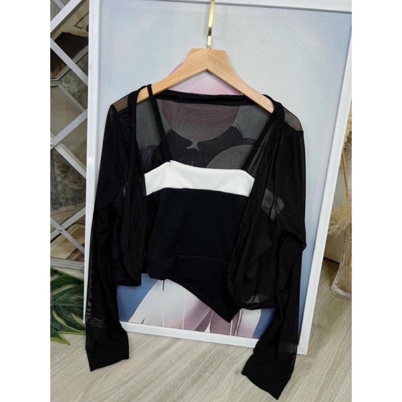 Set áo 2 dây phối khoác lưới dáng ngắn ulzzang