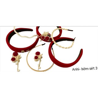 sản phẩm bờm nhung đỏ + cặp tóc đỏ + bờm ngọc T03