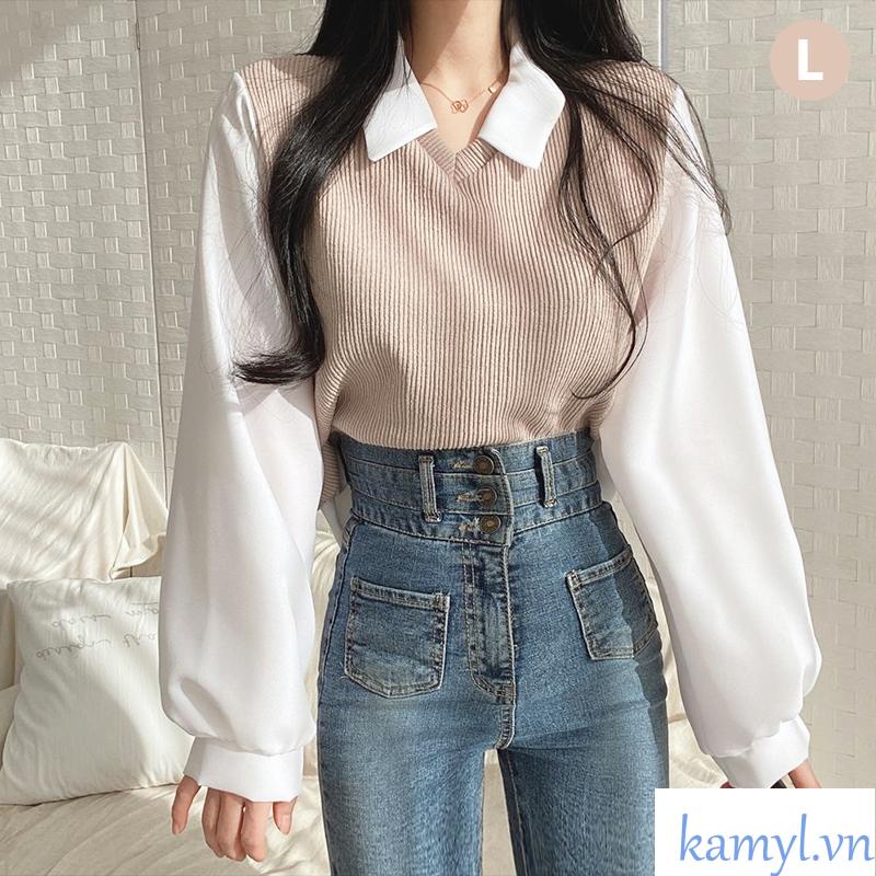 Kamyl Áo Thun Polo Giả Hai Lớp Tay áo dài Dáng Rộng Màu Sắc Tương Phản Thời Trang Dành Cho Nữ