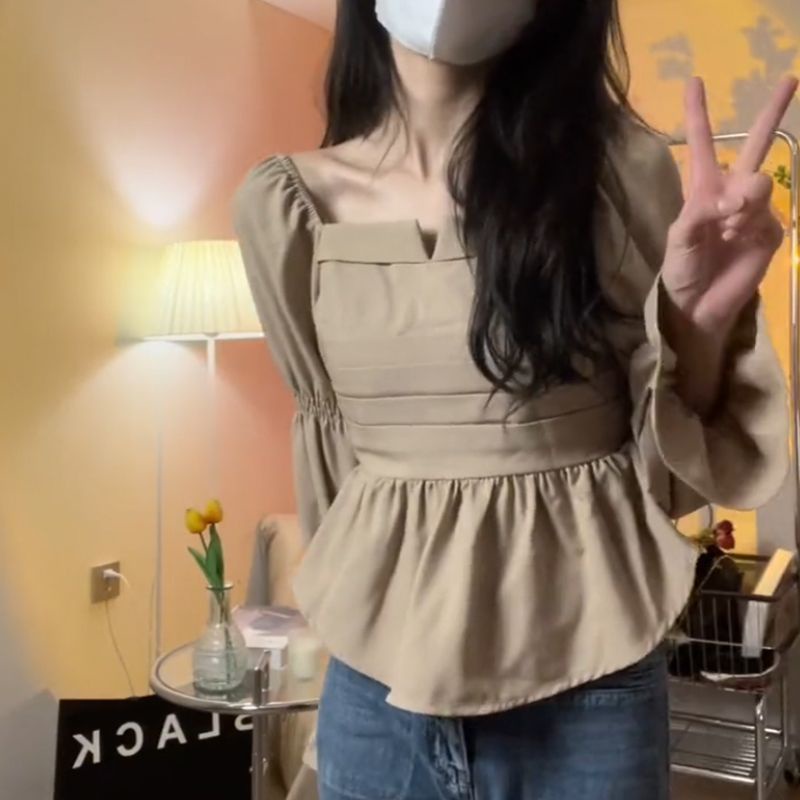 Áo Kiểu Cổ Vuông Tay Phồng Trễ Vai Thời Trang Xuân Thu Cho Nữ