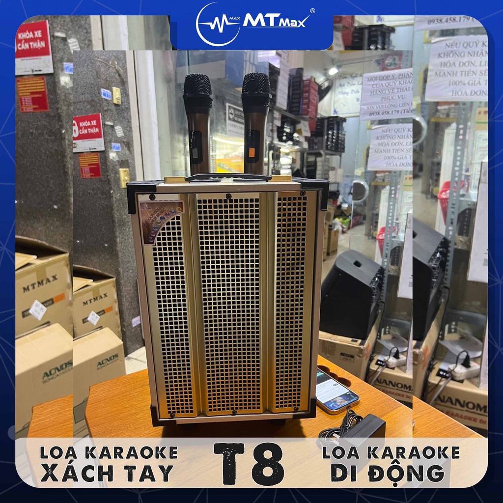 Loa kéo karaoke xách tay di động T8 bass 20cm tặng kèm cặp micro không dây. Âm thanh hay, thiết kế gọn, sạc pin tiện...