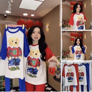 Set bộ nữ gấu kèm quần legging dài ,đồ bộ mặc nhà vải thun co giãn 4 chiều, dày, mịn, mát 45-60kg