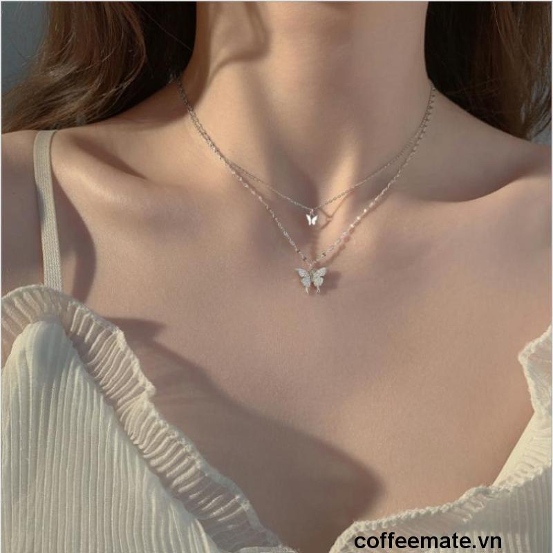 【coffeemate】⚡Vòng cổ hai sợi mặt hình bươm bướm phong cách Hàn Quốc thời trang cho nữ