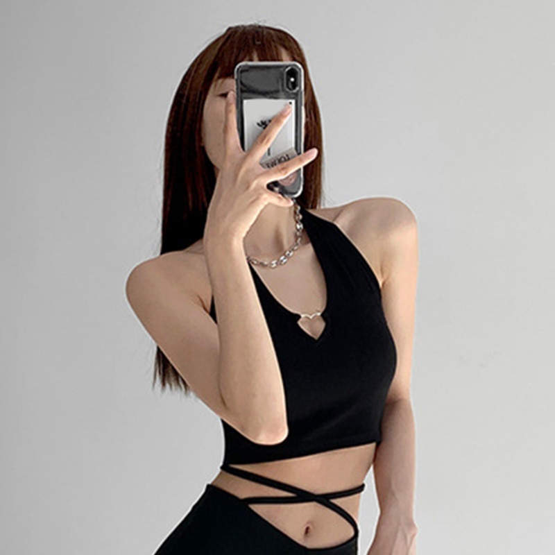 Áo Croptop Sát Nách Cổ Chữ V Màu Trơn Có Vòng Kim Loại Ôm Dáng Gợi Cảm Cho Nữ