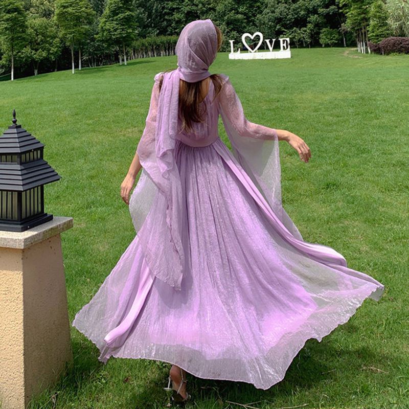 Sanya Đầm Dài Đi Biển Mùa Hè Viền Lớn Màu Tím Phong Cách Retro Thần Tiên