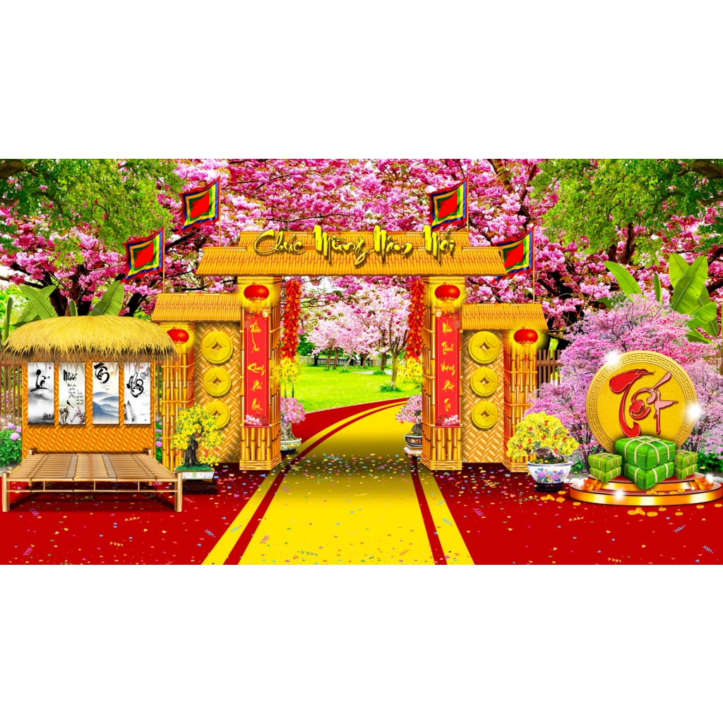 Tranh 3D dán tường trang trí tết khổ lớn, tặng kèm phụ kiện