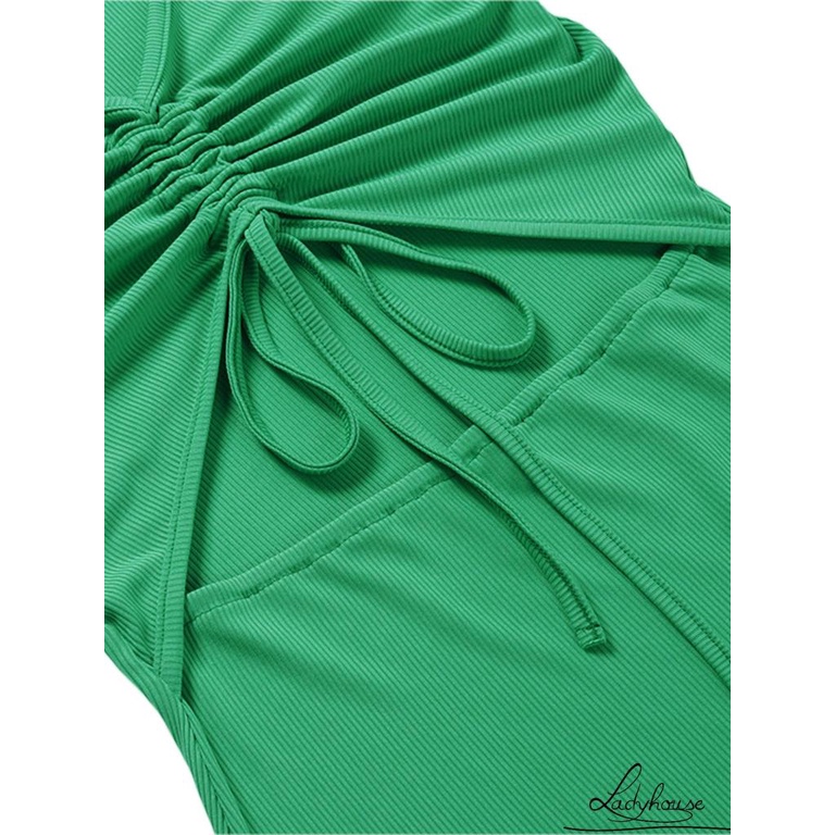 Đầm Dài Dệt Kim Tay Ngắn Cổ Chữ V Màu Trơn Thiết Kế Dây Rút Xẻ Tà Thời Trang Mùa Hè Cho Nữ