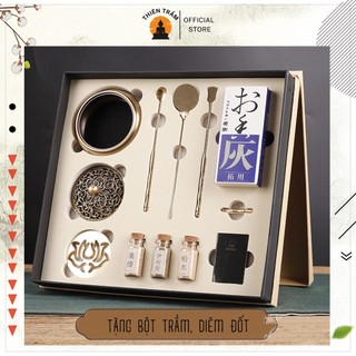 Bộ dụng cụ xông bột trầm hương nhiều món bằng đồng vàng cao cấp, phụ kiện xông đốt bột trầm hương Thiên Trầm Hương