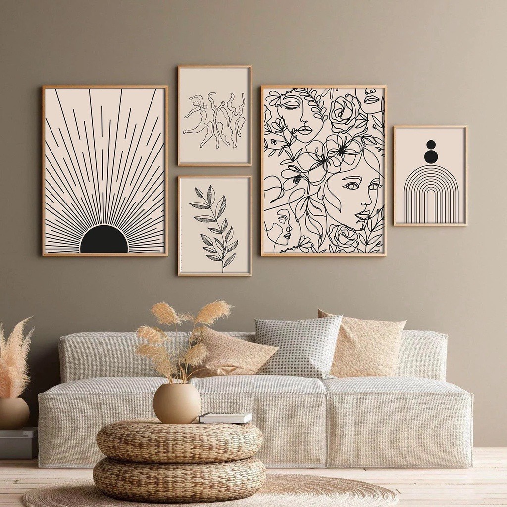 Bộ 5 Tranh Treo Tường Vải Canvas Lụa Kim Sa Cao Cấp - Tranh Tối Giản Boho Hiện Đại - Minimalism - Melyhome Decor