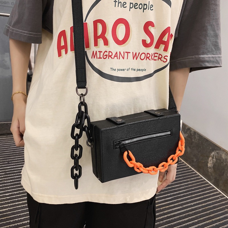 Túi đeo chéo IMELON dáng vuông nhỏ màu trơn phối chuỗi xích phong cách Harajuku thời trang cho nam và nữ