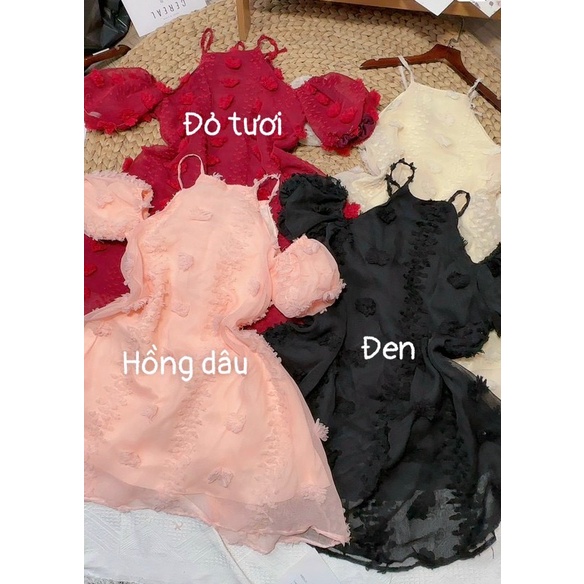Váy cổ yếm trễ vai đầm yếm hai dây rớt vai tay bồng dáng xoè hoa nổi siêu đẹp hàng cao cấp chuẩn form siêu đẹp hình thật