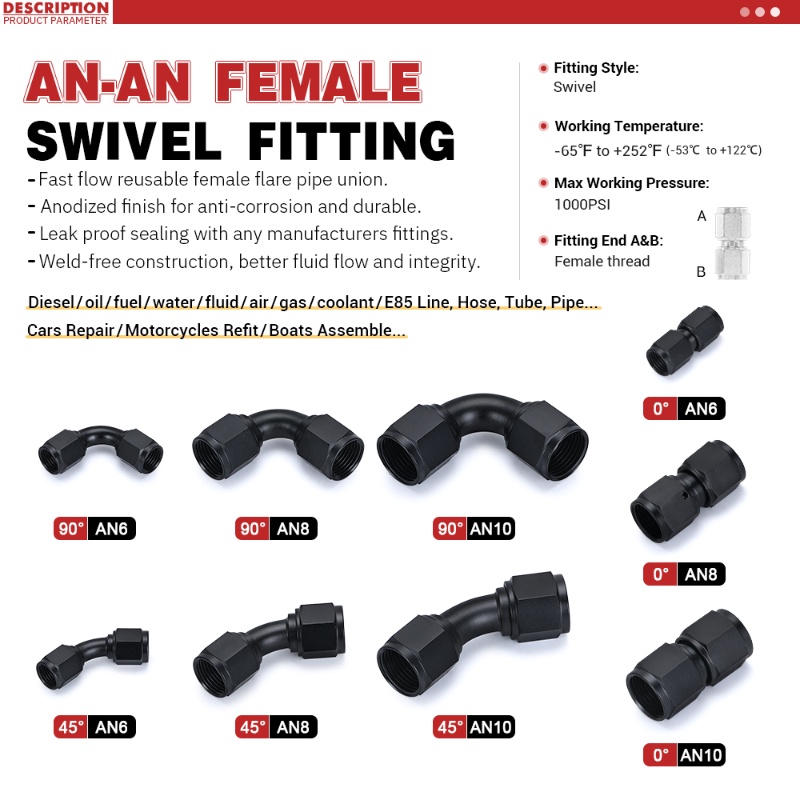 Đầu Nối Ống Dẫn Nhiên Liệu Thủy Lực AN4 6 8 10 12 Female Sang AN4 6 8 10 12 Female 0 45 90 180 Độ Bằng Nhôm Cho Xe Hơi