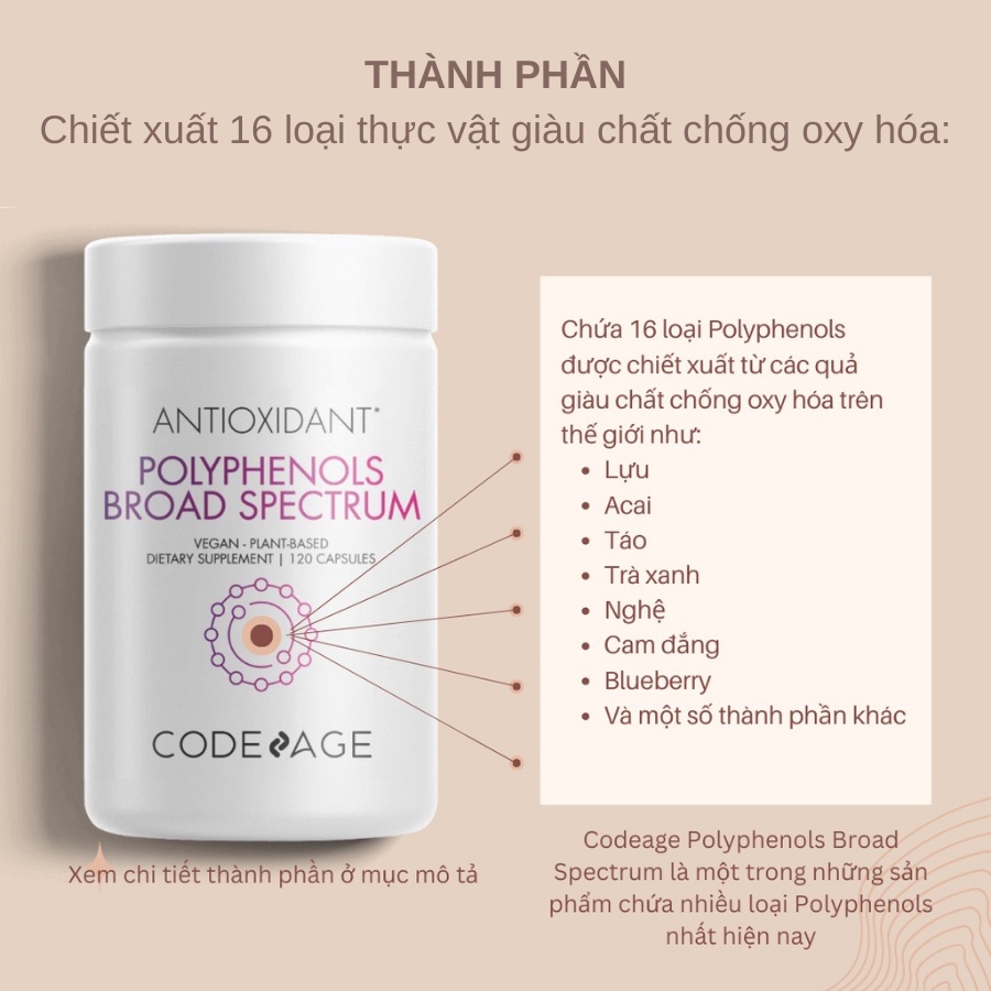 Viên uống chống nắng trẻ hóa da CodeAge Polyphenols Spectrum 120 Viên - AJA'S SKINLAB