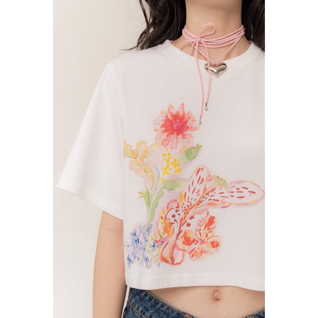 LIBÉ - Áo thun tay ngắn dáng boxy cổ tròn màu trắng in hình