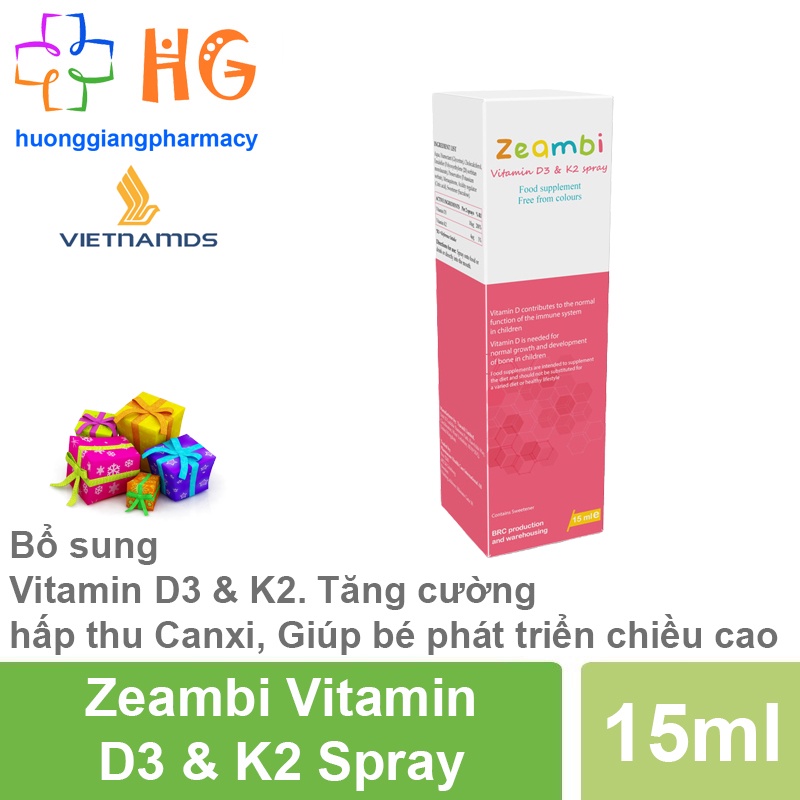 Vitamin D3K2 Zeambi Drops Multi Vitamin D3 K2 15ml 110 lần xịt Nhập khẩu Vương Quốc Anh