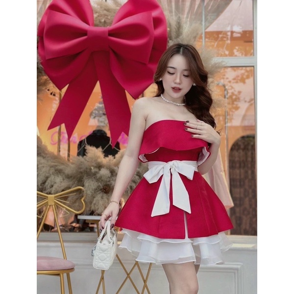 SET ÁO NHUNG CÚP NGỰC BUỘC NƠ KÈM CHÂN VÁY PHỒNG