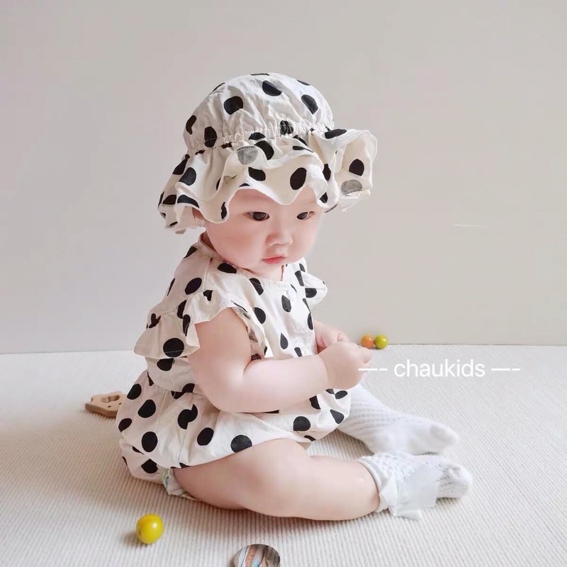 Set body chip chấm bi kèm mũ bèo siêu xinh cho bé gái, chất đũi mềm thoáng mát