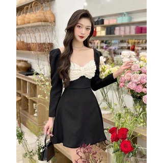 Đầm tay dài phối nơ ren ngực