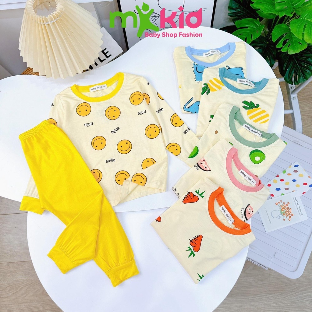 Đồ Bộ Dài Tay Bé Trai, Bé Gái MK KID Với Họa Tiết Trái Cây Dễ Thương, Bộ Thun Lạnh Mặc Nhà Cho Bé 8-26kg