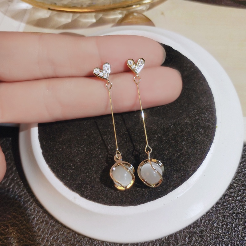 [Jiudoulan] Khuyên Tai Dài Đính Đá Opal Trái Tim Đỏ Thời Trang Hàn Quốc Dễ Phối Đồ