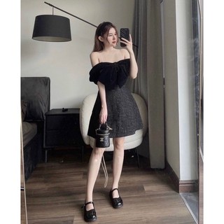 ĐẦM DẠ ĐEN PHỐI NƠ NGỰC LƯỚI - Đ1482