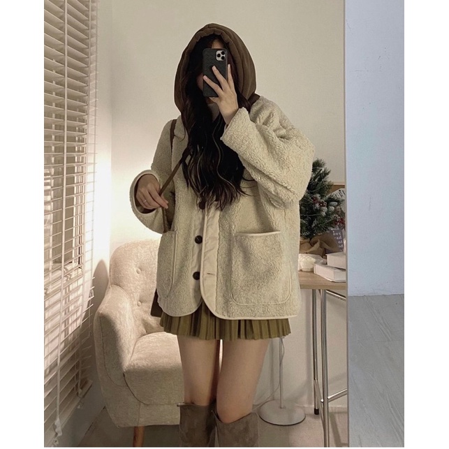 Áo khoác lông phối mũ Chanchan Hàn Quốc