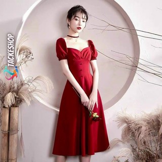 Váy đầm đỏ đô tay ngắn bồng dáng A xòe dài qua gối cực xinh