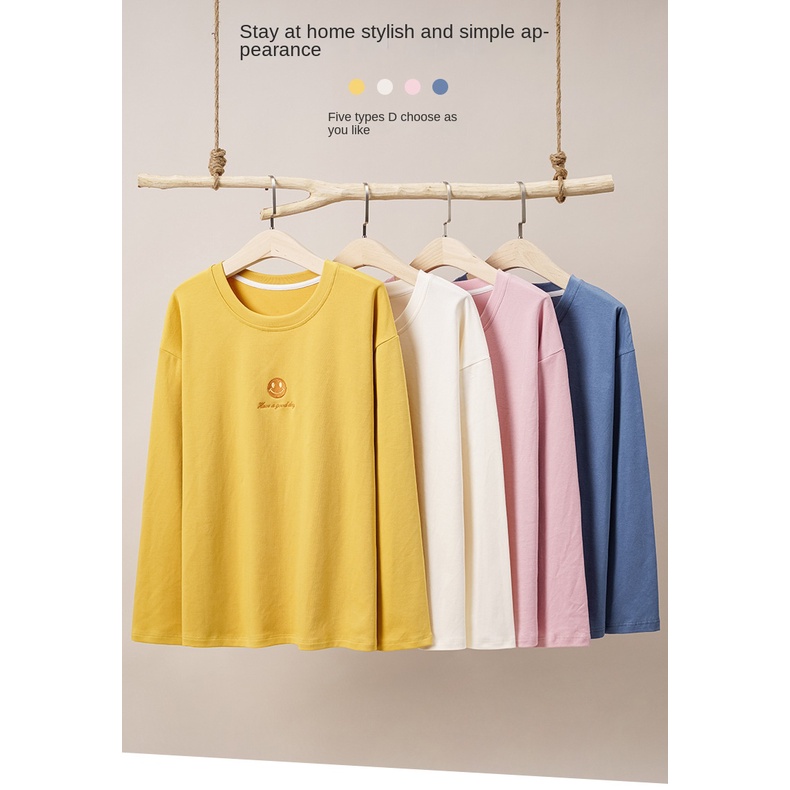 Bộ Đồ Ngủ Liền Thân Vải Cotton Mỏng Tay Dài Cổ Tròn Màu Trơn Thời Trang Xuân Thu Cho Nữ