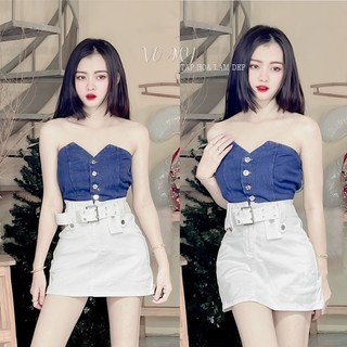 Set áo croptop jean phối chân váy kèm đai