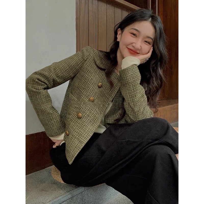 Áo dạ tweed cúc đồng 2 màu rêu và đen hottrend,hàng quảng châu 2 lớp sang chảnh