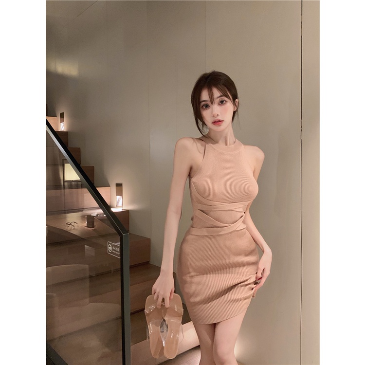 Đầm len body nude dệt kim đi tiệc Hàng Quảng Châu Cao Cấp