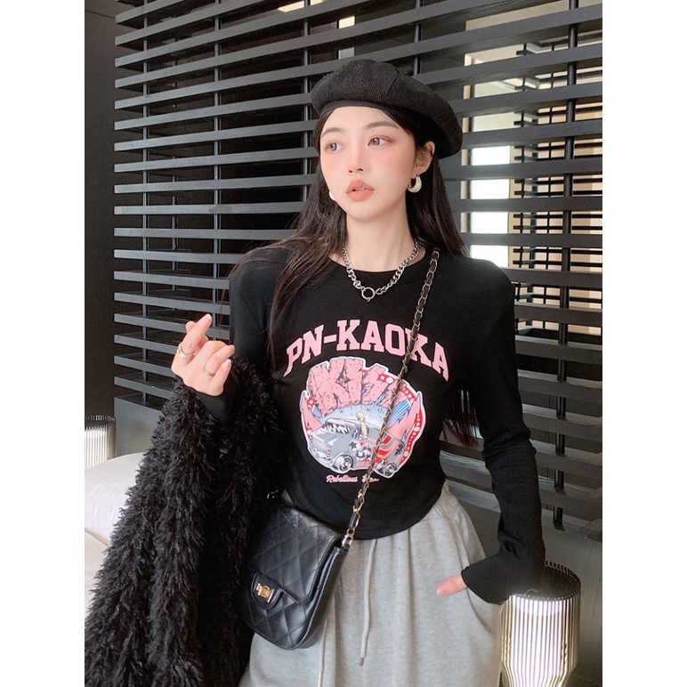 Áo Croptop Tay Dài In Họa Tiết Phong Cách Mùa Thu Mới Quyến Rũ Cho Nữ