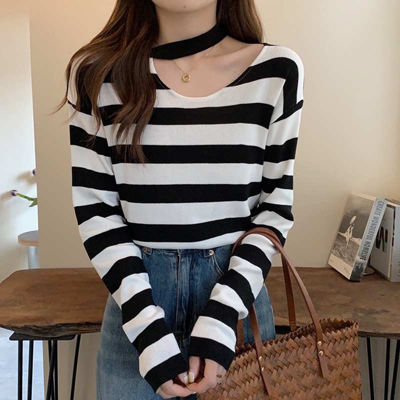 Áo Sweater Tay Dài Hoạ Tiết Kẻ Sọc Thời Trang Xuân Thu Cho Phái Nữ