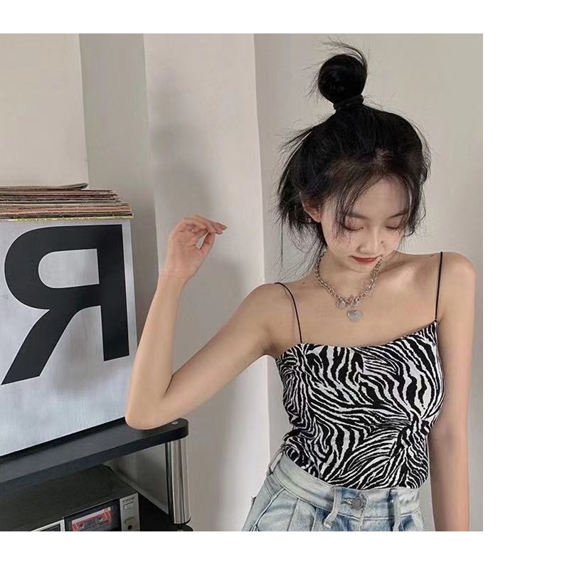 ZHELIHANGFEI Áo Hai Dây Họa Tiết Ngựa Vằn Lưng Cao Quyến Rũ Cho Nữ