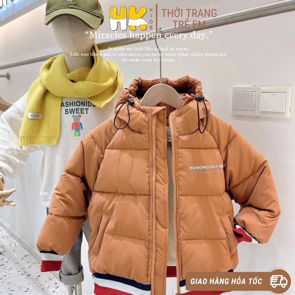Áo khoác phao lót nỉ cho bé HK KIDS, áo khoác kèm mũ chất dày dặn giữ ấm mùa đông sz cho bé từ 4-10 tuổi (mã 1802)