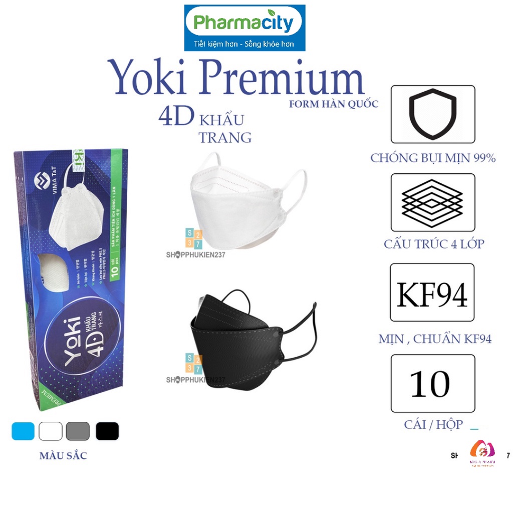 Khẩu Trang 4D Yoki Premium Kf94 Hàng 4 Lớp Cao Cấp - Chính Hãng Công Ty (Người Lớn Hộp 10 Cái - Trẻ Em Bịch 6 Cái)