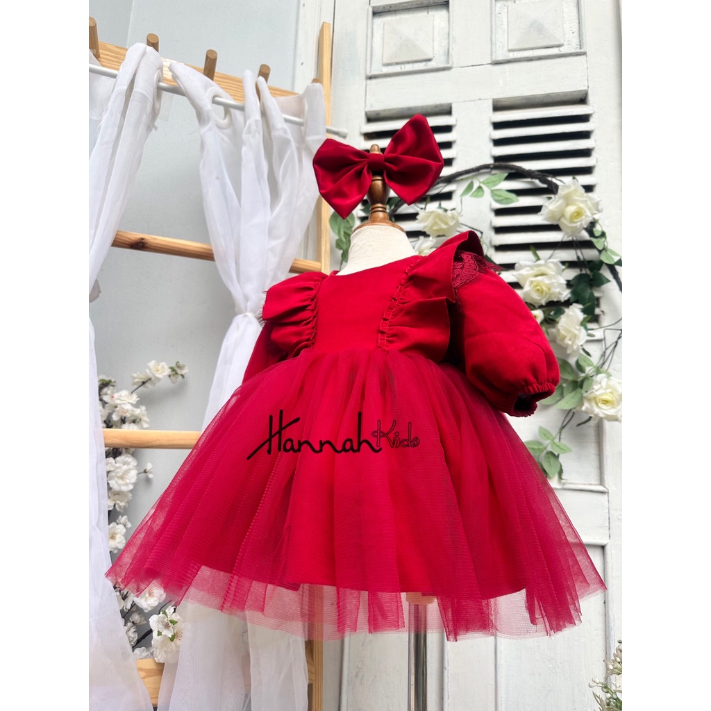 Váy Đỏ Xòe Giáng Sinh Cho Bé Gái 5-35Kg, Váy Đỏ Công Chúa Lolita Noel Tết Cho Bé Gái HANNAH KIDS