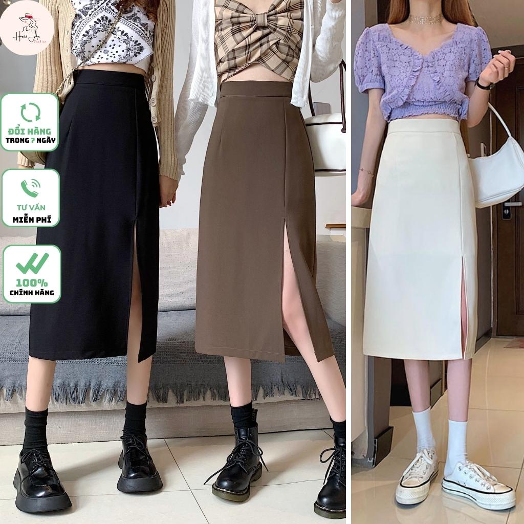 Chân váy Midi xẻ tà dài dáng suông đơn giản cá tính phong cách sang trọng có big size, vải tuyết mưa vitex dày dặn mã072