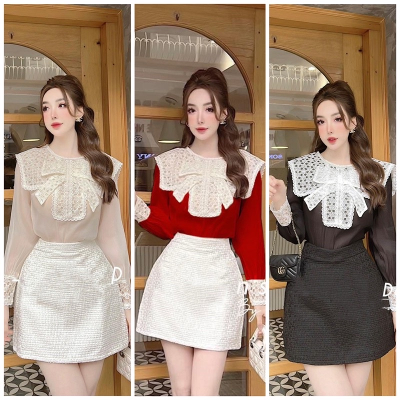SET ÁO CỔ REN TRẮNG NƠ + C.V DẠ BỐ 🤍
