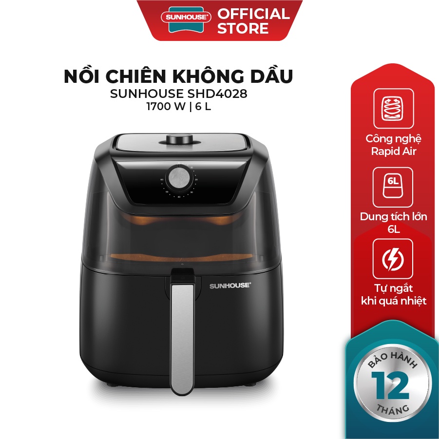 Nồi chiên không dầu 6L Sunhouse SHD4028 dung tích 6L | Cửa kính cùng đèn chiếu sáng khoang nướng dễ quan sát thực phẩm