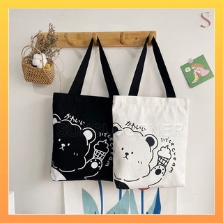 Túi vải canvas, túi tote đeo vai hình gấu cute đi học uzzlang