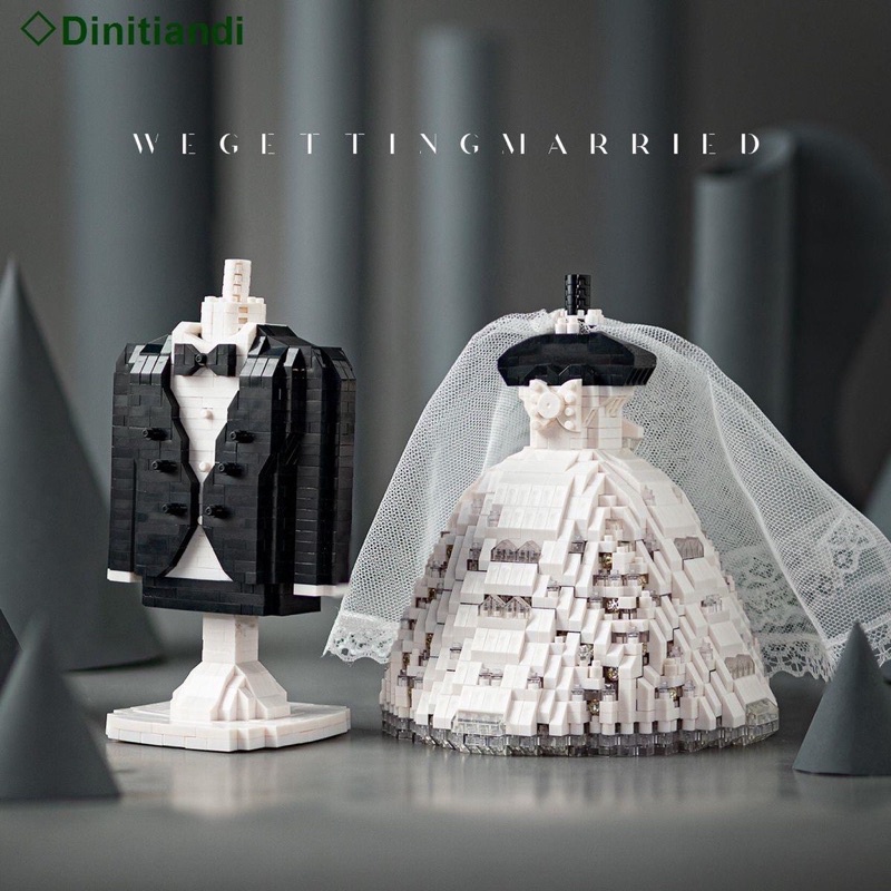 Bộ lego Ghép Hình Cô Dâu,Chú Rể,Váy Cưới, Hộp Mica Trưng Bày Đồ Chơi