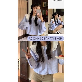 AN667- áo sơmi xanh croptop cổ kiểu